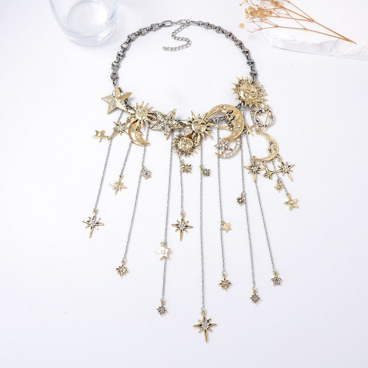 Celestial Sun Moon Star Fringe Necklace Two-Tone Crystal Statement Jewelry for Women