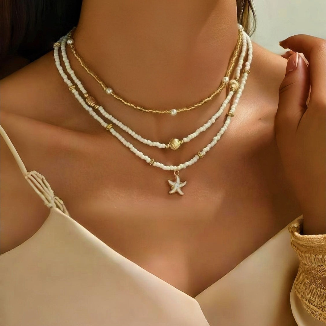 Beach Boho Layered Necklace Set Starfish & Shell Pearl Choker for Women