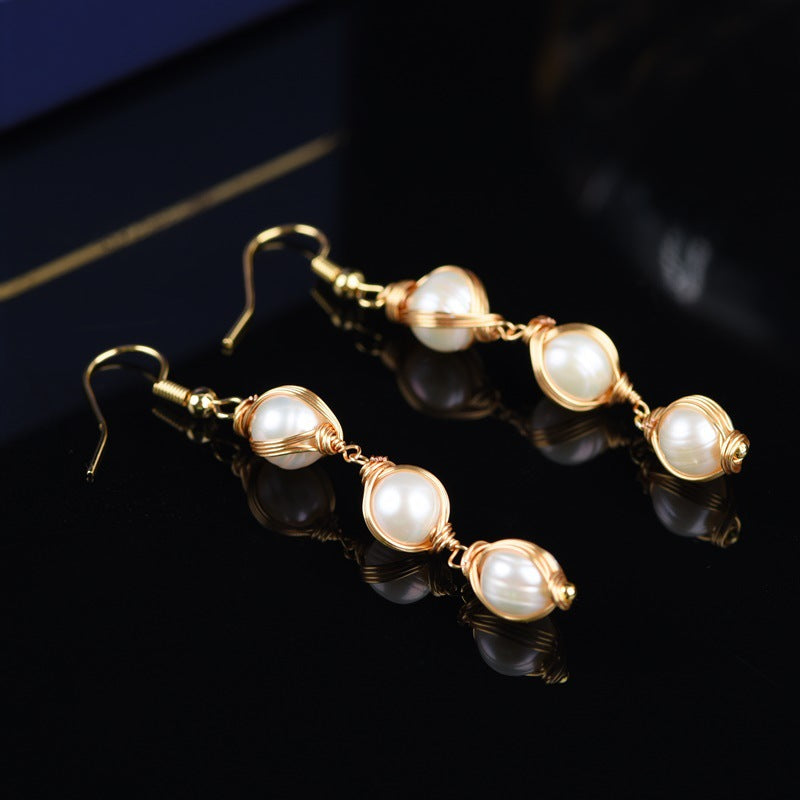 Elegant Gold Wire Wrapped Natural Pearl Dangle Earrings