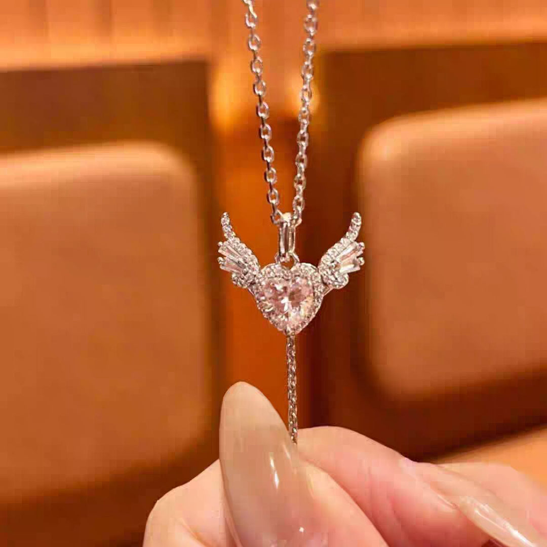 Pink Heart Wing Lariat Necklace - Sparkling Angel Y-Diamond Necklace for Women