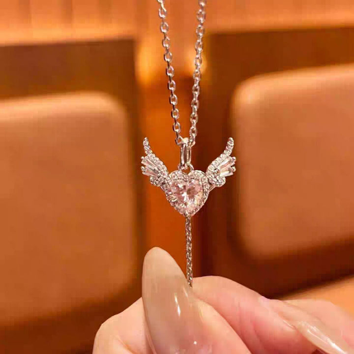 Pink Heart Wing Lariat Necklace - Sparkling Angel Y-Diamond Necklace for Women