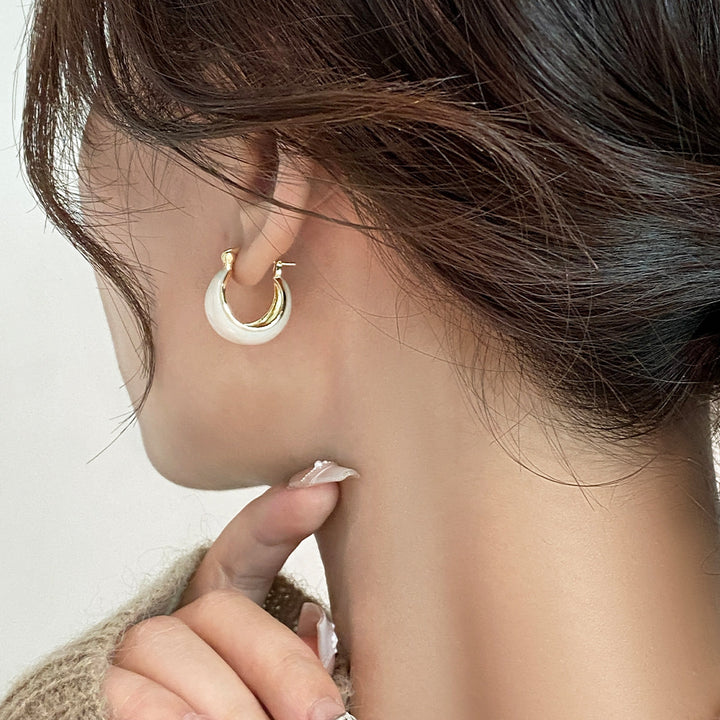 Cream Enamel Teardrop Hoop Earrings Sterling Silver Post