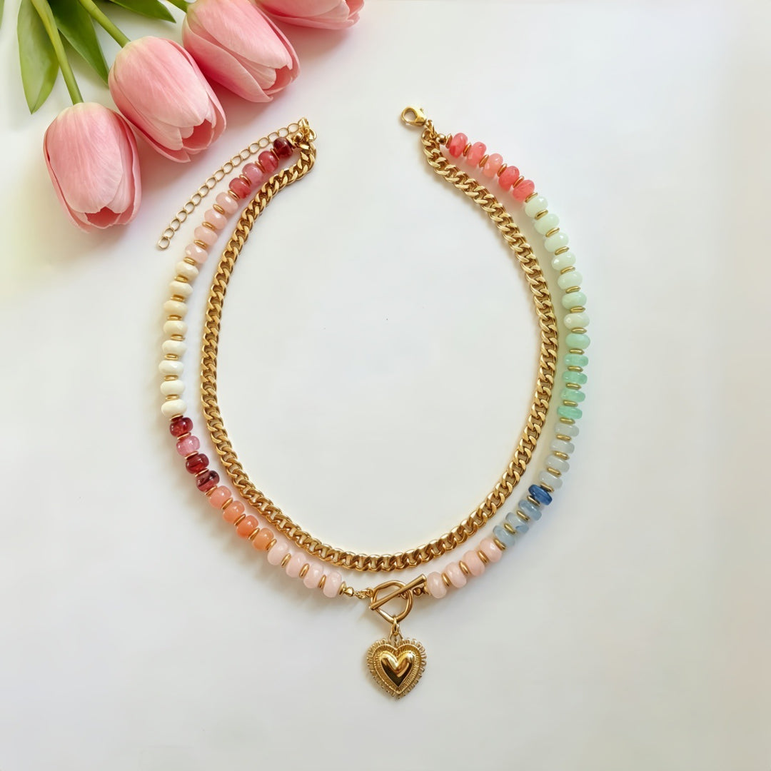 Colorful Beaded Double Layer Heart Pendant Choker Necklace Boho OT Clasp Collar for Women
