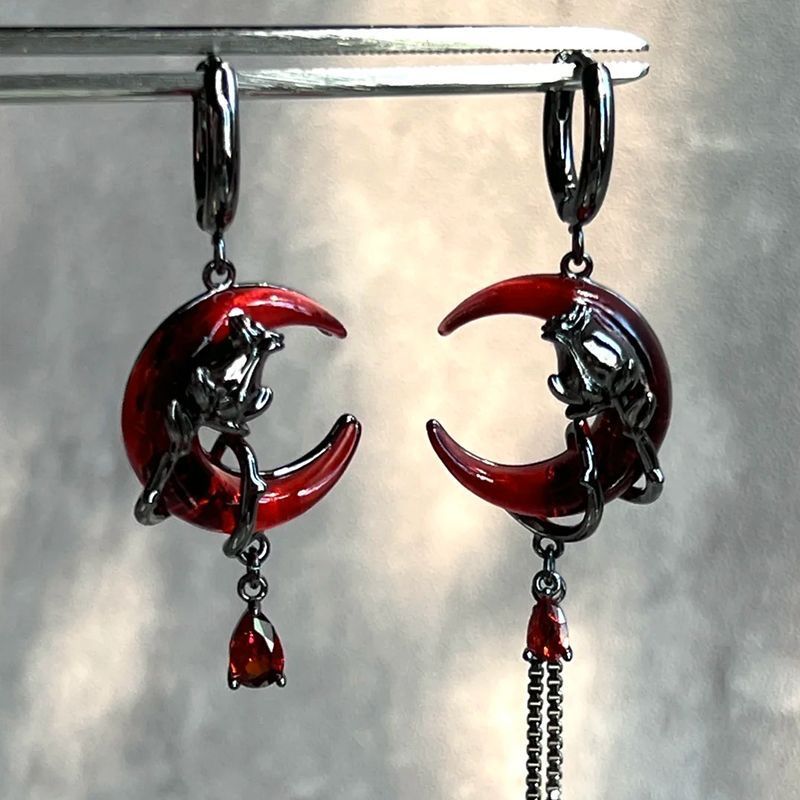 Gothic Red Moon Rose Drop Earrings S925 Sterling Silver Asymmetrical Tassel Earrings