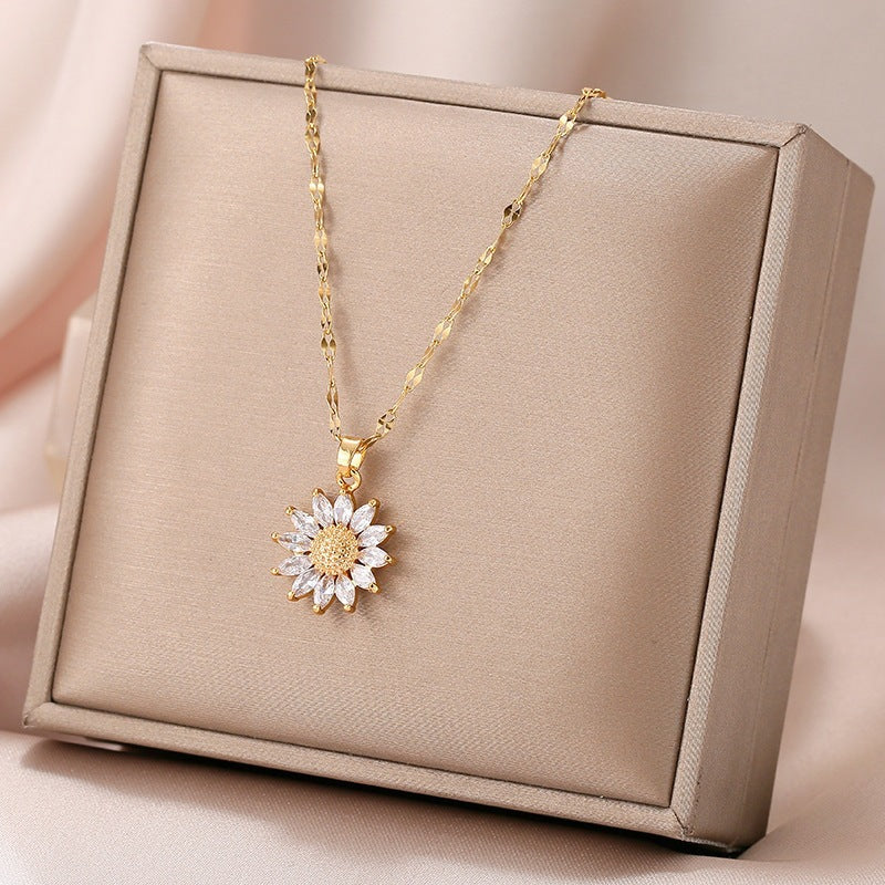 Sunflower Diamond Pendant Necklace 925 Sterling Silver Minimalist Floral Jewelry