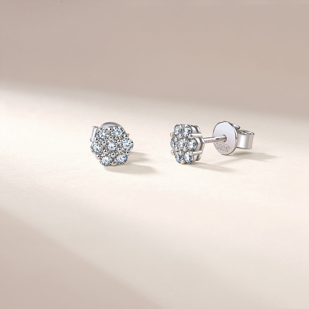 Sparkling Cluster Diamond Stud Earrings with 925 Sterling Silver