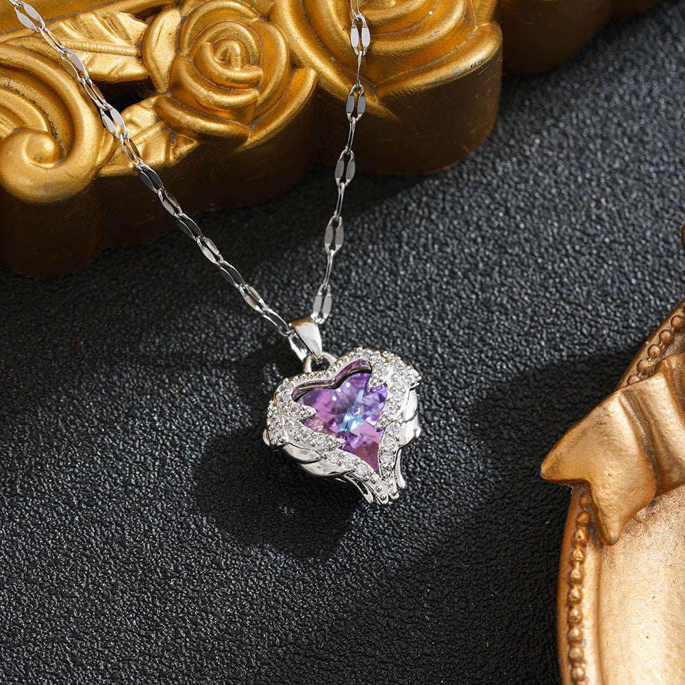 Heart of the Ocean Gemstone Pendant Necklace Romantic Winged Jewelry