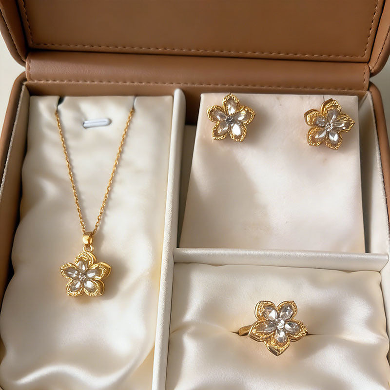 Rotatable Flower Necklace Earrings Ring Jewelry Set For Women
