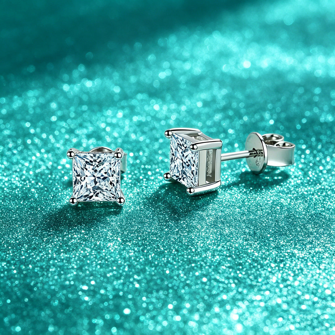 Princess Cut Diamond Stud Earrings Sterling Silver Solitaire Earrings for Women