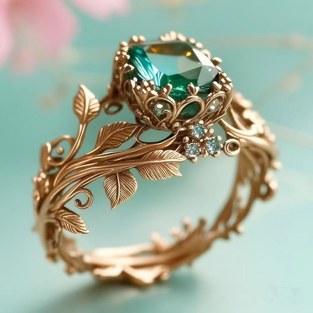 Vintage Leaf Vine Emerald Ring