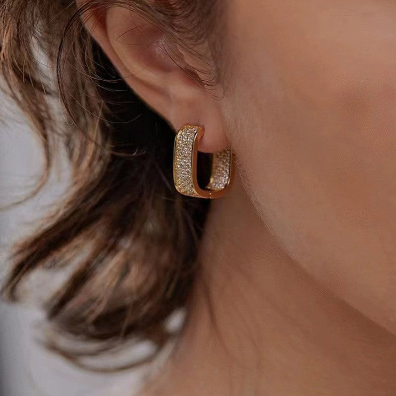 Sterling Silver U-Shape Hoop Earrings Pave Crystal Ear Cuffs