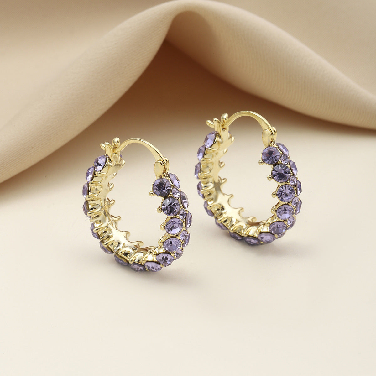 Vintage Gold Hoop Earrings with Purple Crystals