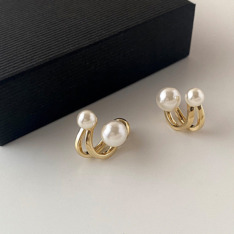 Dual Pearl Curved Stud Earrings Sterling Silver