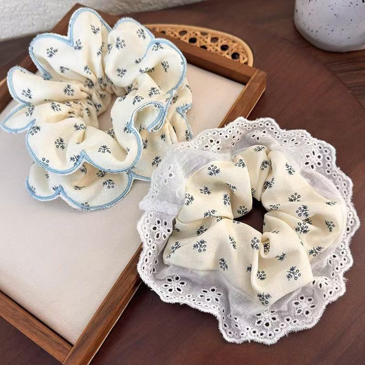 Cream Floral Lace Scrunchie Set Blue Trim Hair Ties