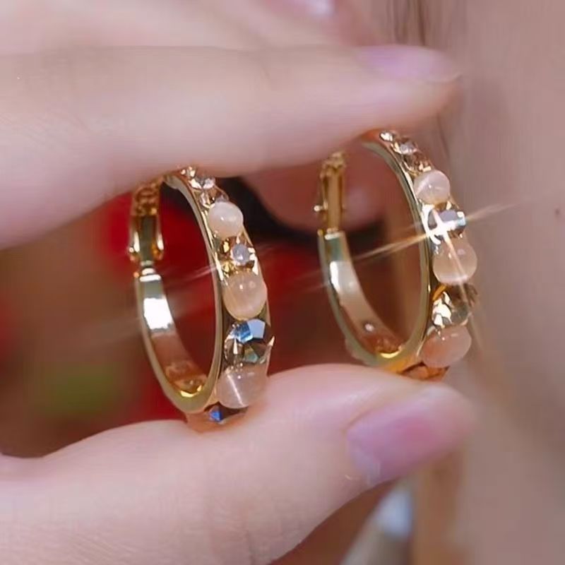 Huggie Hoop Earrings with Cat's Eye & Crystal Accents