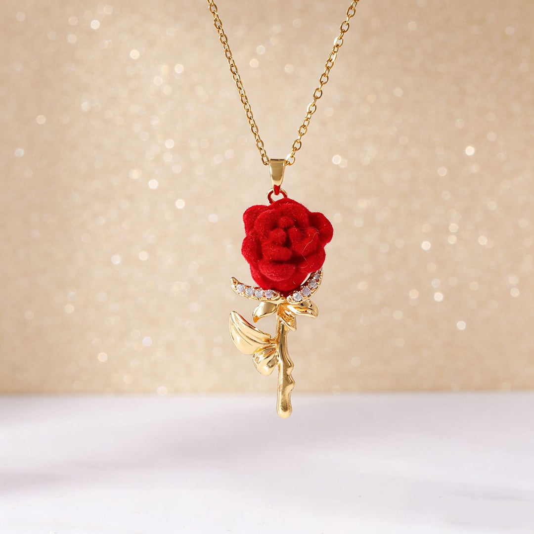 Red Velvet Rose Pendant Necklace Romantic Floral Jewelry
