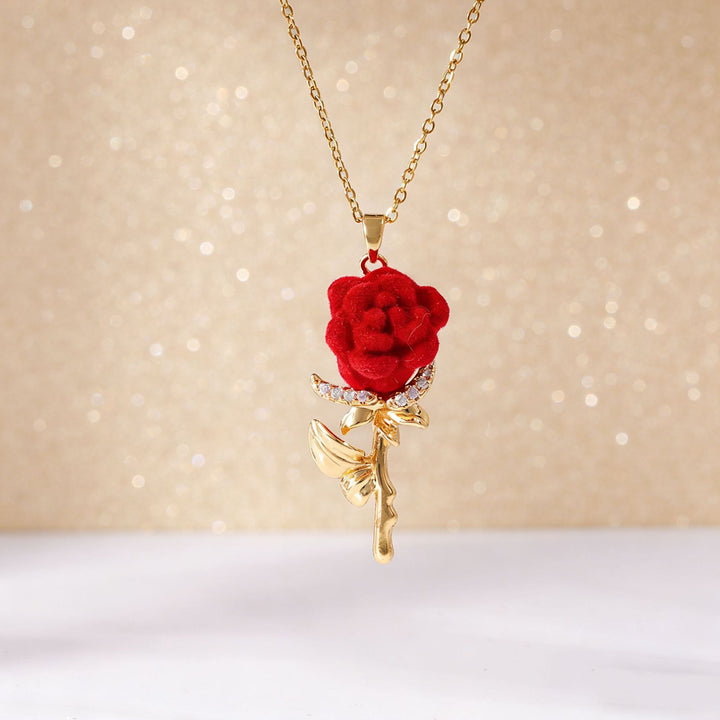 Red Velvet Rose Pendant Necklace Romantic Floral Jewelry