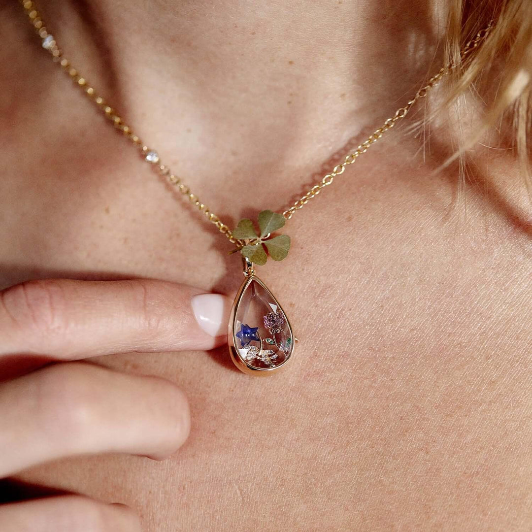 Teardrop Locket Necklace with Interchangeable Charms Customizable Gold Crystal Pendant for Women