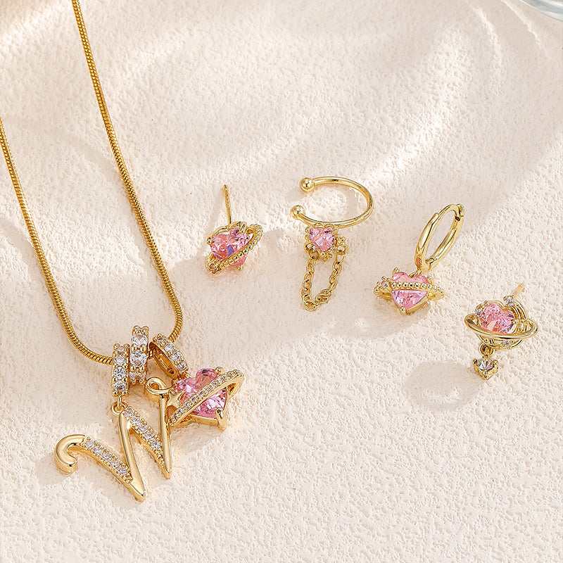 26 Letters & Pink Heart Planet Pendant Necklace Personalized Diamond Snake Chain Necklace for Women
