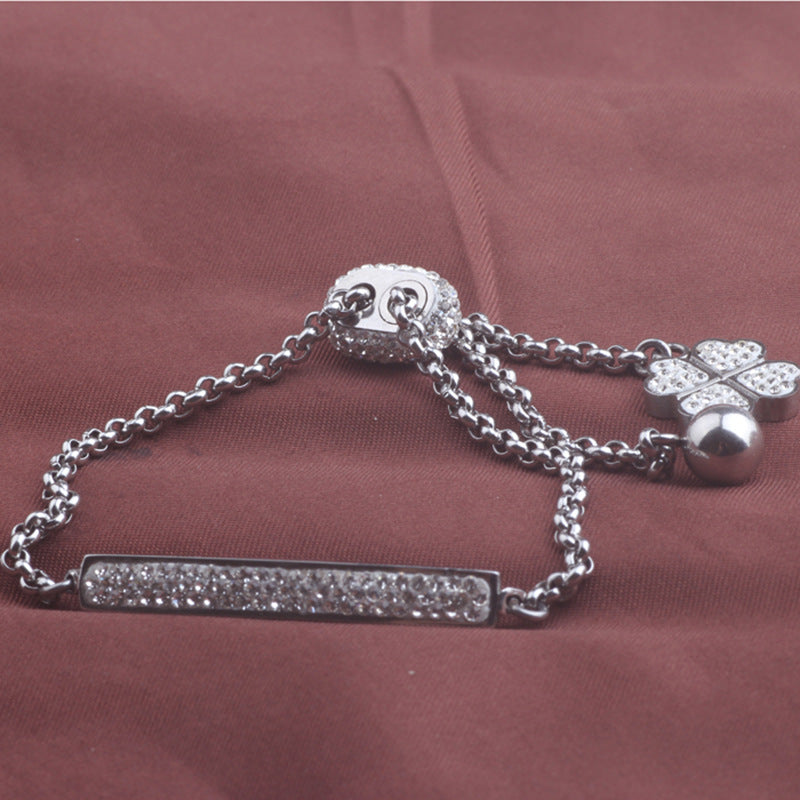 Diamond-Encrusted Three-Row Teart-Shaped Lucky Flower Adjustable Bracelet