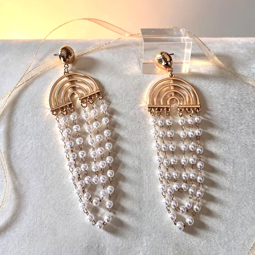 Vintage Gold Rainbow Arch Pearl Tassel Earrings