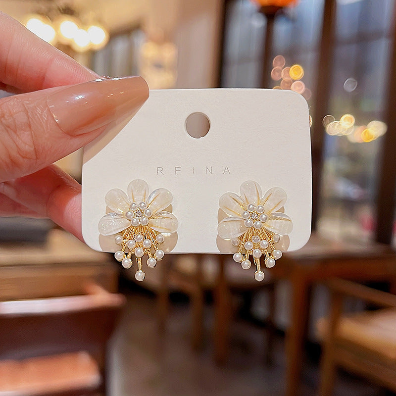 Elegant Flower Pearl Drop Earrings with Sterling Silver Post
