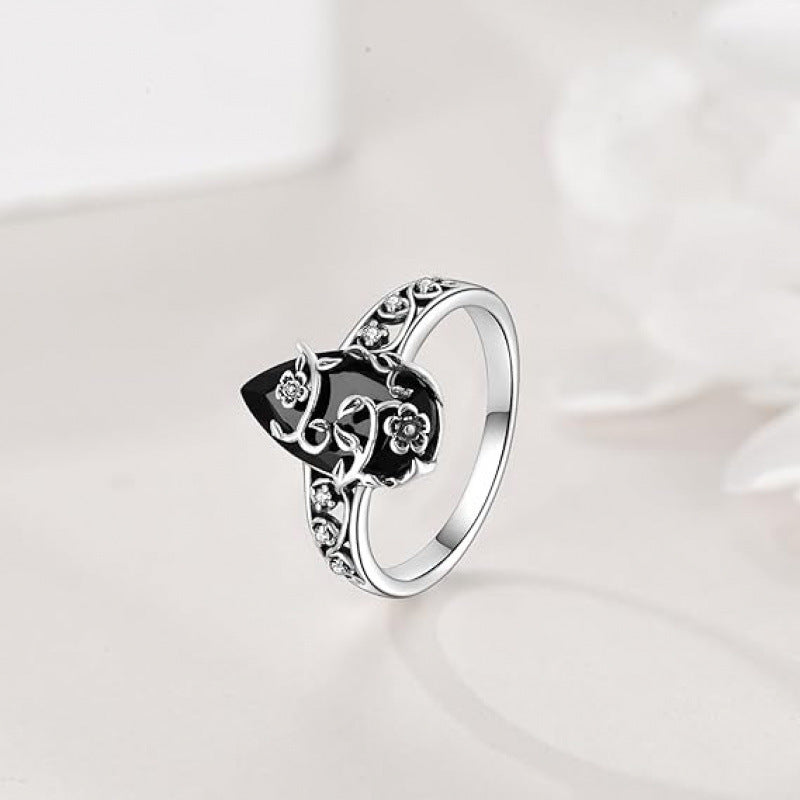 Vintage Teardrop Black Onyx Floral Ring Sterling Silver Antique Style Ring for Women