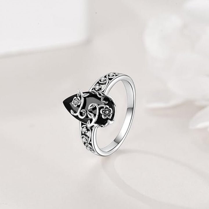 Vintage Teardrop Black Onyx Floral Ring Sterling Silver Antique Style Ring for Women