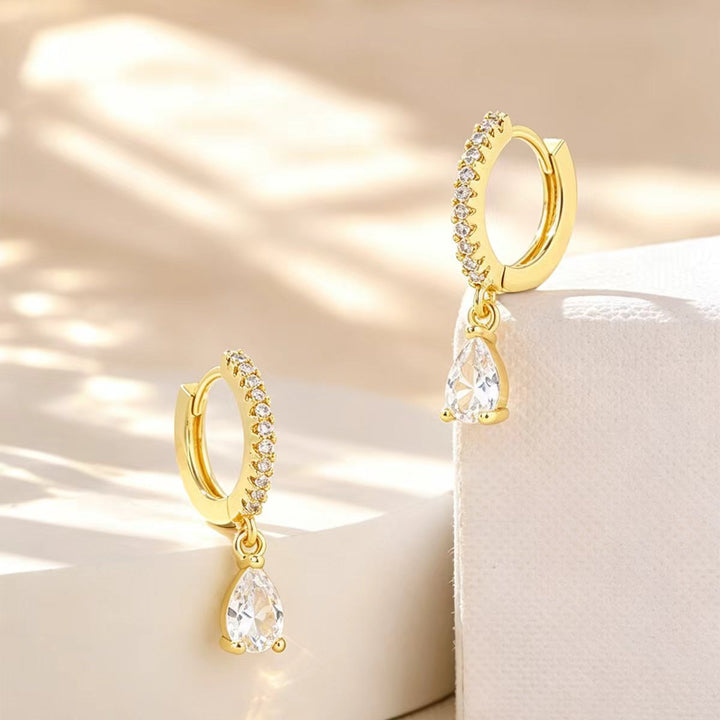 Gold Teardrop Diamond Hoop Earrings with Sterling Silver Post