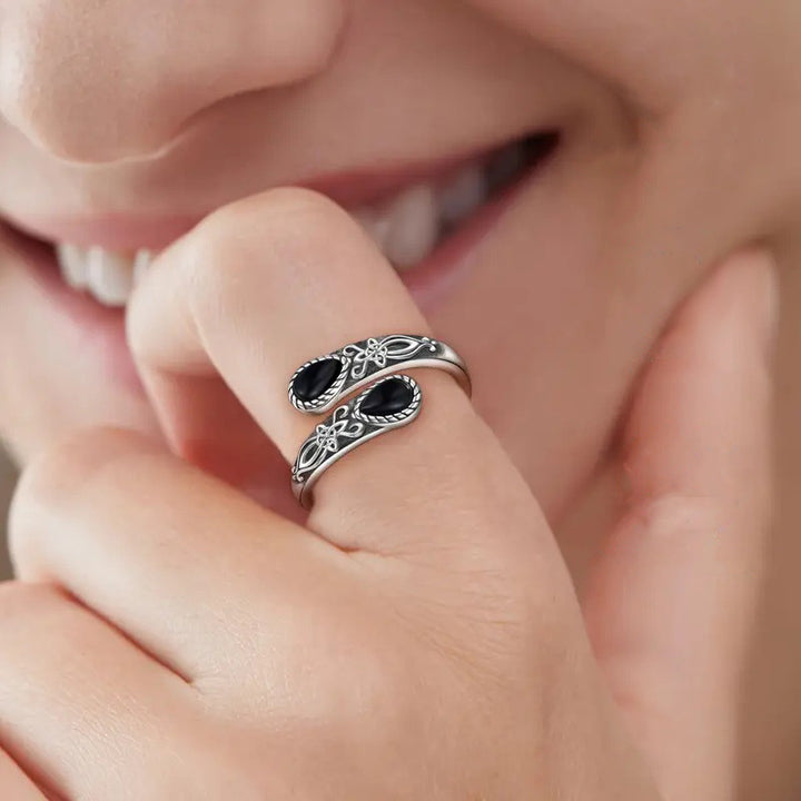 S925 Silver Two Stone Bypass Open Ring Moonstone Onyx Vintage Carved Adjustable Ring