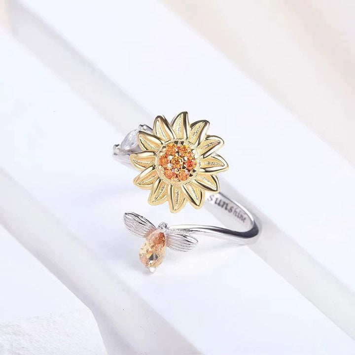 Rotatable Sunflower & Bee Ring, "You Are My Sunshine" Open Ring