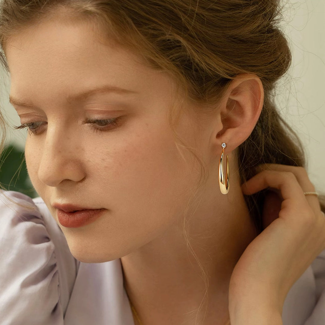 C-Shaped Drop Earrings with Diamond Stud - Minimalist Gold Hoop Earrings for Women