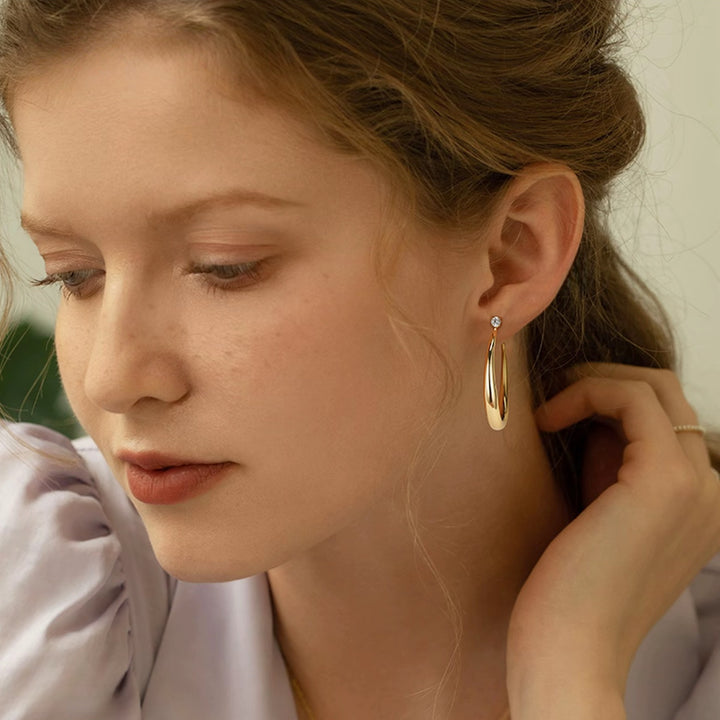 C-Shaped Drop Earrings with Diamond Stud - Minimalist Gold Hoop Earrings for Women