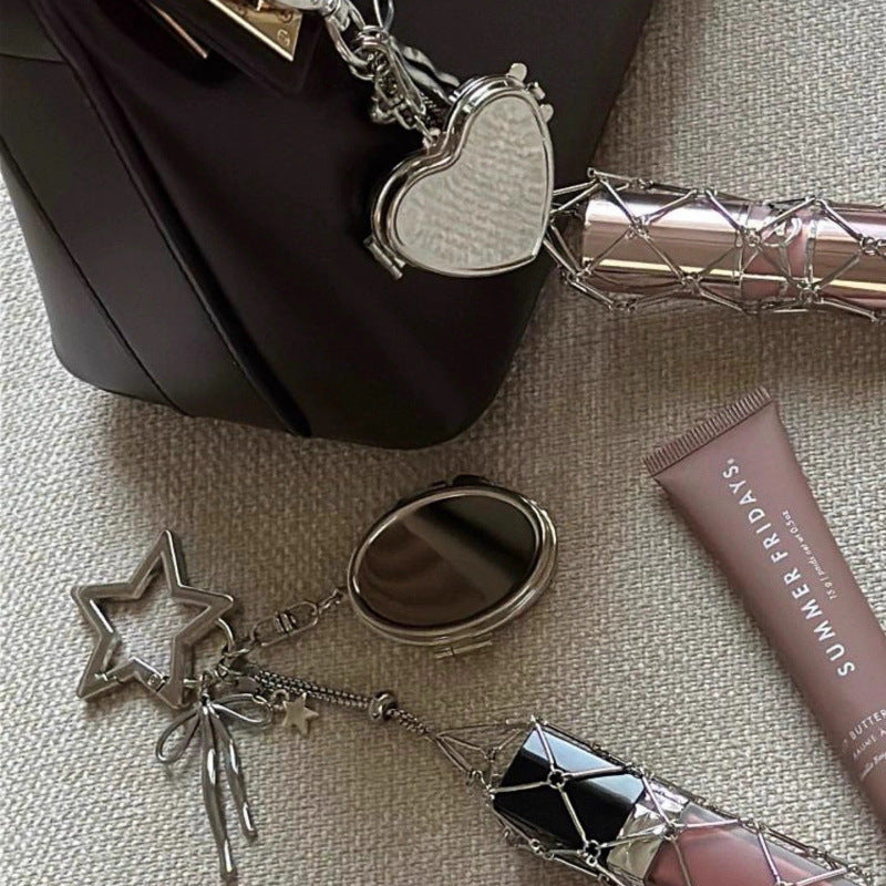 Lipstick Holder Keychain with Mini Mirror Heart Star Bag Charm