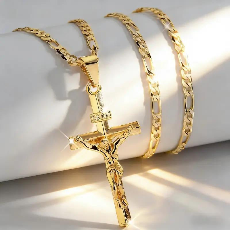 Saint Michael &amp; Cross Diamond Pendant Necklace Figaro Chain Religious Jewelry for Men