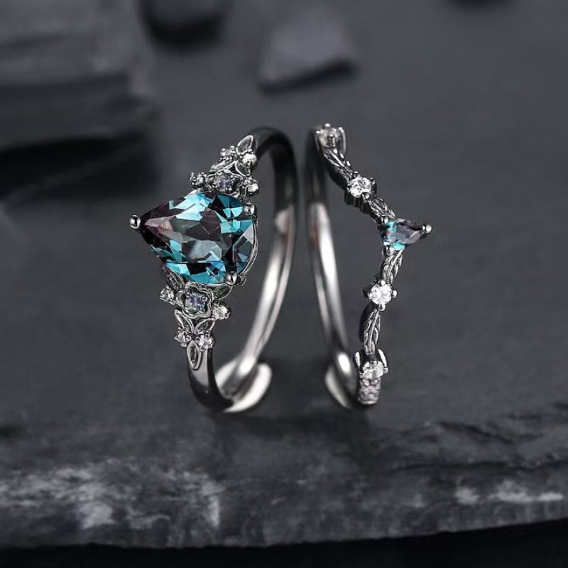 Teardrop Alexandrite Floral Stackable Ring Set