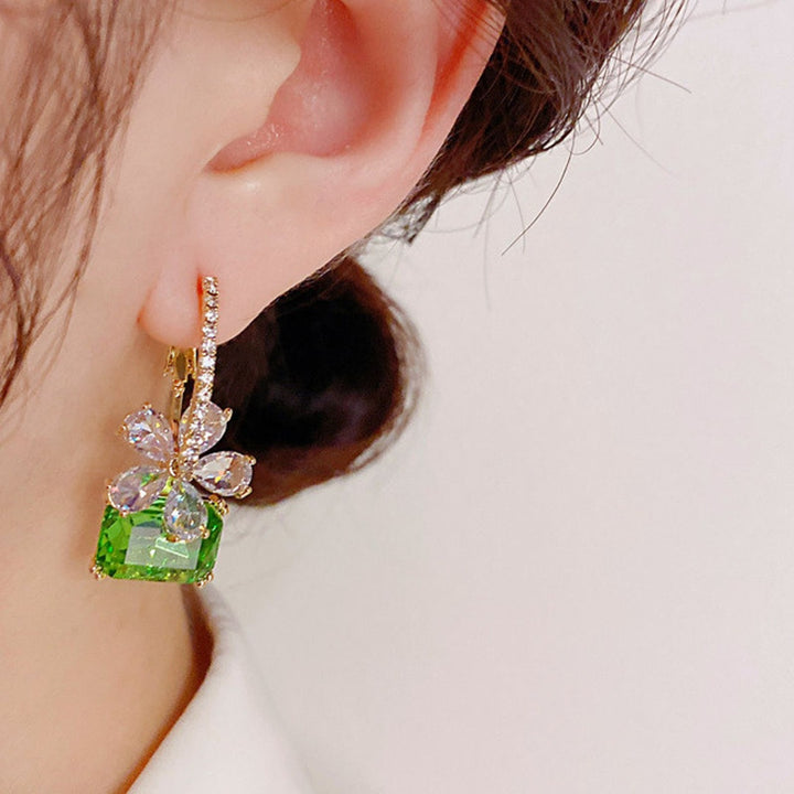 S925 Sterling Silver Rectangle Gemstone Floral Diamond Drop Earrings