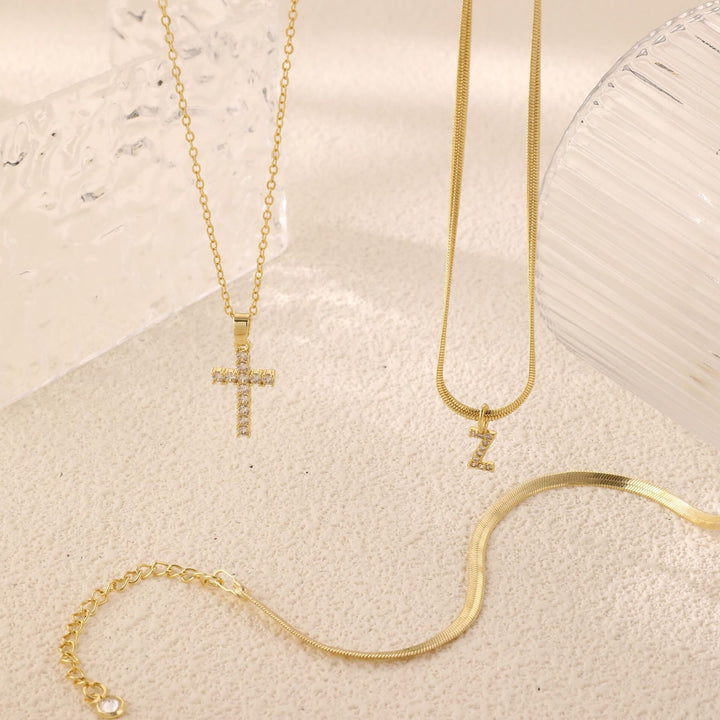 S925 Silver Layered Initial & Cross Pendant Necklace Set 26 Letters Diamond Snake Chain Necklace for Women
