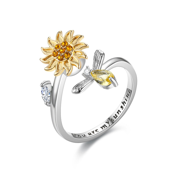 Floral &amp; Symbolic Open Adjustable Ring Collection Sunflower Evil Eye Rabbit Diamond Jewelry for Women