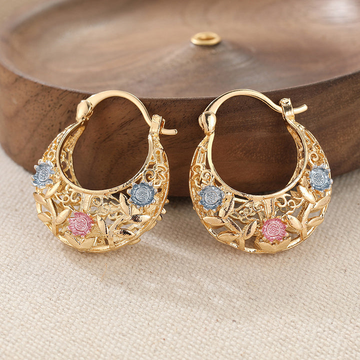 Vintage Floral Enamel Hoop Earrings Gold Hollow Hoop Earrings