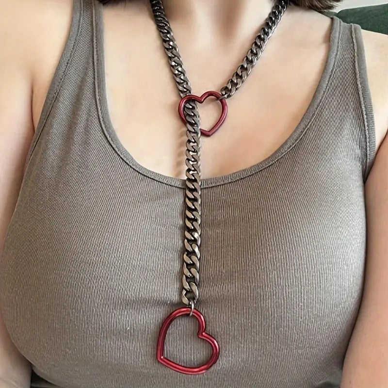 Double Heart Lariat Choker Necklace Cuban Chain Y-Shaped Jewelry for Women