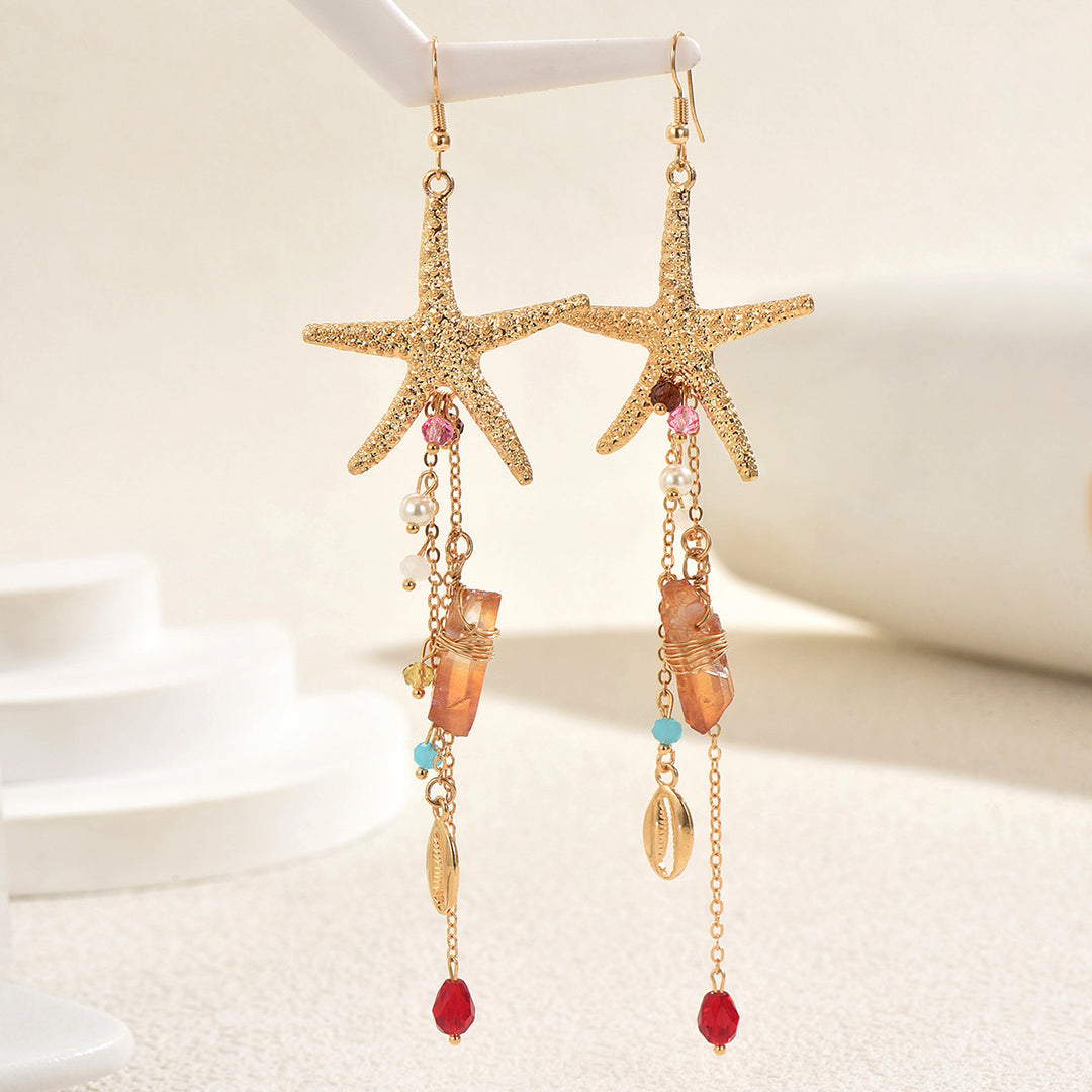 Bohemian Starfish Tassel Earrings Beachy Crystal Shell Drop Earrings for Women