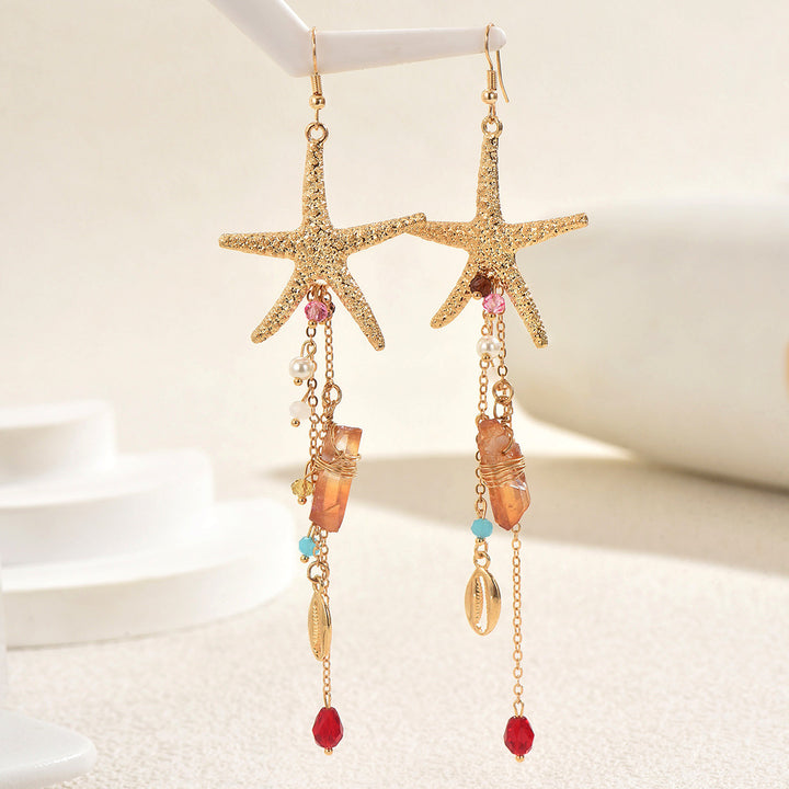 Bohemian Starfish Tassel Earrings Beachy Crystal Shell Drop Earrings for Women