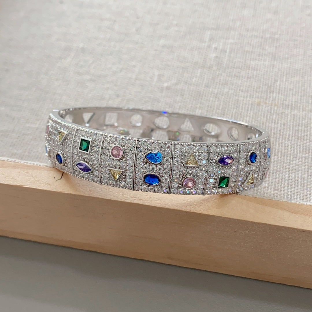 Colorful Geometric Full Pavé Wide Open Cuff Bracelet Luxury Crystal Bangle