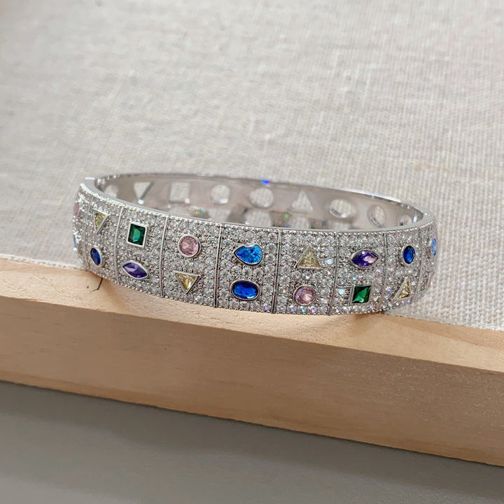Colorful Geometric Full Pavé Wide Open Cuff Bracelet Luxury Crystal Bangle