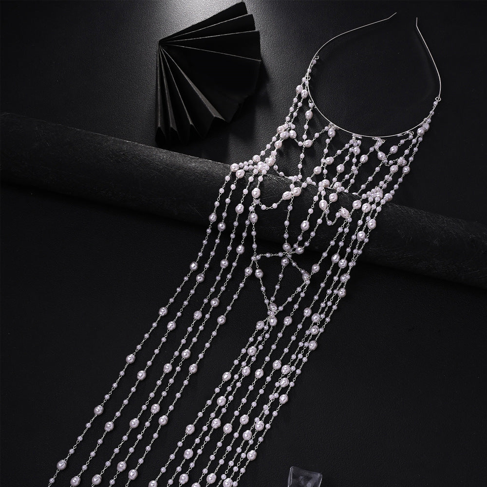 Bohemian Pearl Tassel Head Chain S925 Sterling Silver Bridal Hair Accessory