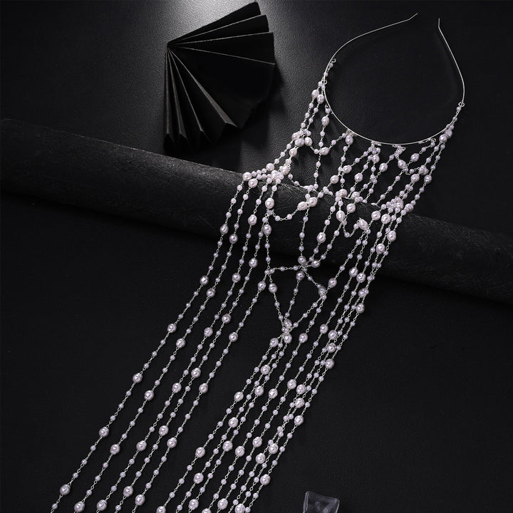 Bohemian Pearl Tassel Head Chain S925 Sterling Silver Bridal Hair Accessory