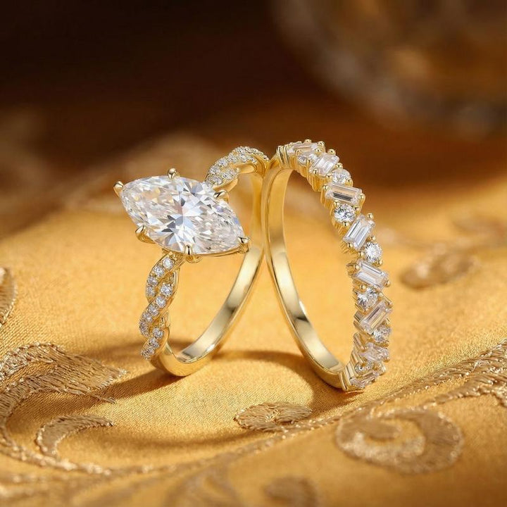 Marquise Cut Diamond Engagement Ring Set Twisted Band &amp; Baguette Wedding Band for Women