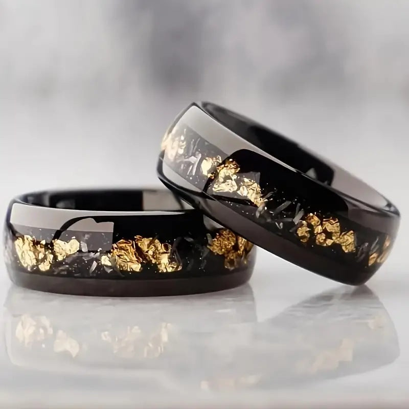 Black Ceramic & Gold Foil Inlay Titanium Steel Ring (Modern Luxury Minimalist Style)