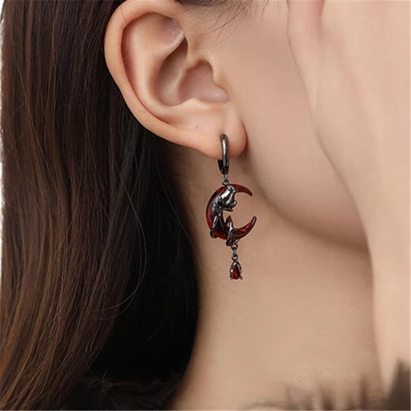 Gothic Red Moon Rose Drop Earrings S925 Sterling Silver Asymmetrical Tassel Earrings